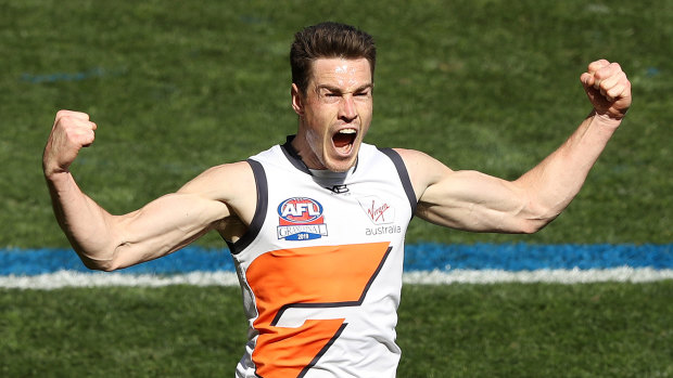 Jeremy Cameron celebrates after scoring a goal during the grand final last year. 