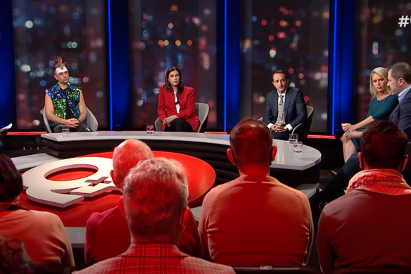 The Q+A panel, which included (l-r) host Hamish Macdonald; singer and dancer Mitch Tambo; Palestinian advocate Randa Abdel-Fattah; Liberal MP and former ambassador to Israel Dave Sharma; Jennifer Robinson, a lawyer who has represented the Palestinians at the International Criminal Court; and Labor MP Ed Husic. 