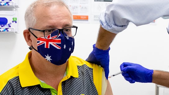 Prime Minister Scott Morrison receives his 2nd Pfizer vaccination at Castle Hill Medical Centre, Sydney, in April.
