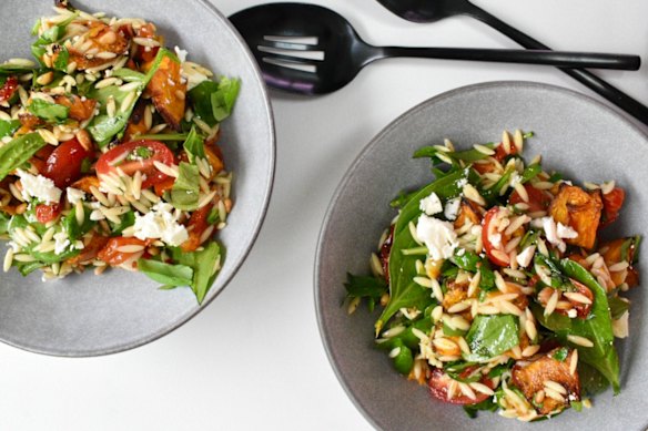 Risoni salad with roasted red capsicum, pumpkin, basil and feta
