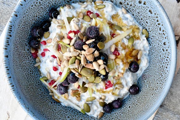 Prep bircher muesli (overnight oats) ahead, but vary the toppings.