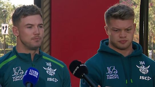 Raiders players Hudson Young and Morgan Smithies apologised for their behaviour in Las Vegas.