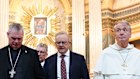 Archbishop of Melbourne Peter Comensoli, Prime Minister Anthony Albanese and Archbishop of Sydney Anthony Fisher.