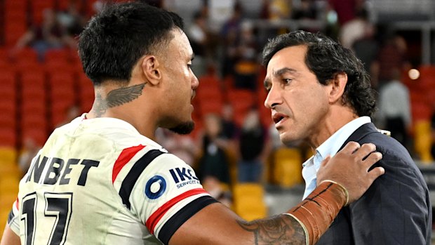 Spencer Leniu and Johnathan Thurston on Friday night.