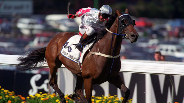 Jim Cassidy pilots Might And Power to win the 1998 Cox Plate at Moonee Valley.