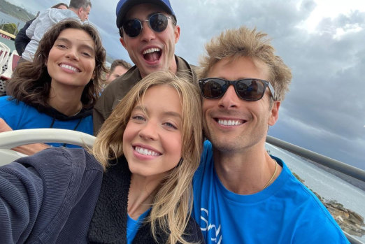 Having fun in Sydney: from left, Charlee Fraser, Darren Barnett, Sydney Sweeney and Glen Powell.