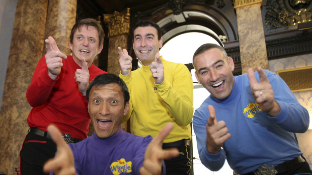 A 2006 file photo of The Wiggles, featuring Murray Cook (Red Wiggle), Greg Page (Yellow Wiggle), Jeff Fatt (Purple Wiggle), and Anthony Field (Blue Wiggle).