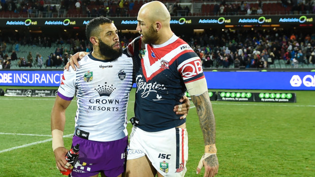 Bond: Josh Addo-Carr and Blake Ferguson embrace after their match in Adelaide this season.