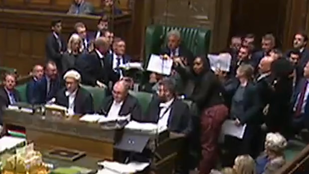A scuffle erupted next to the Speaker's chair in UK Parliament as it was suspended. 