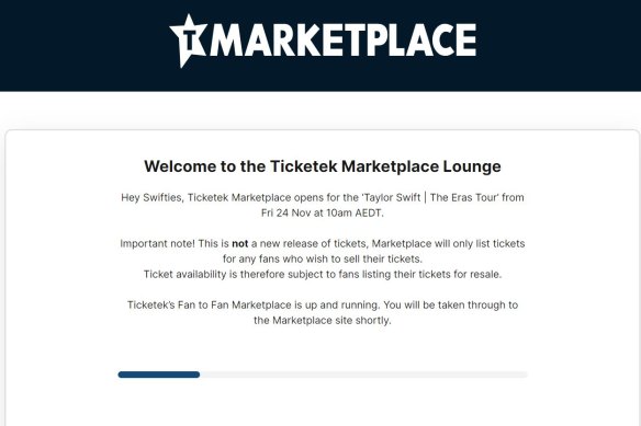 The waiting lounge for resold Taylor Swift tickets on Ticketek Marketplace.