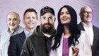 Fromt left: Chemist Warehouse co-founder Mario Verrocchi, Reece Group’s Peter Wilson, Canva’s Melanie Perkins, and Pro Medicus co-founder Sam Hupert.