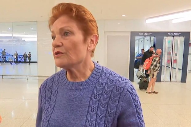 Pauline Hanson speaks with the media at Perth Airport