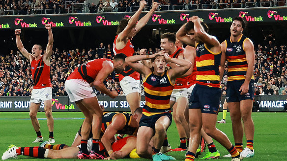 The Crows react as the Bombers celebrate their win at Adelaide Oval.
