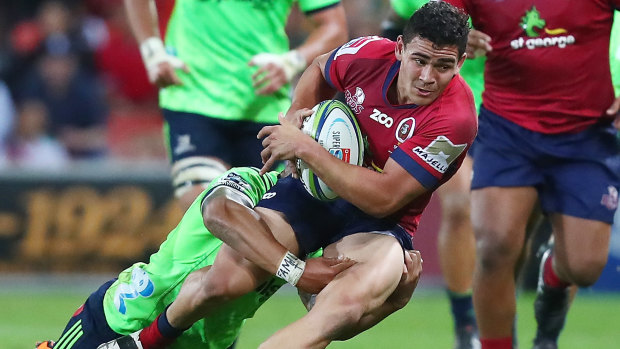 Perese playing for the Reds against the Highlanders in Super Rugby in Brisbane in 2018.
