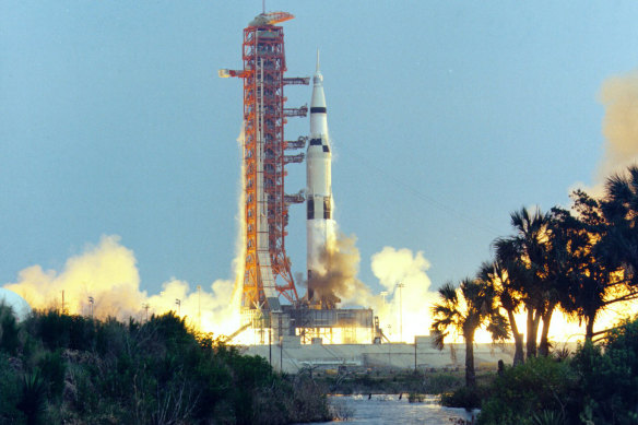 In this April 11, 1970 photo made available by NASA, the Saturn V rocket carrying the crew of the Apollo 13 mission to the moon launches from the Kennedy Space Centre in Florida.