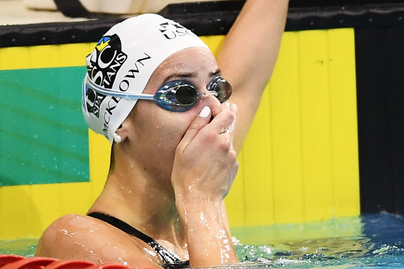 Kaylee McKeown reacts to breaking her world record. She shaved 0.12s off the previous mark. 