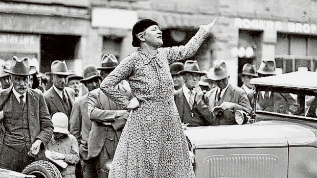 Feminist and anti-conscription campaigner Adela Pankhurst Walsh, taking her message to Sydney's streets in 1941.