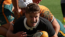 Beauden Barrett of the All Blacks scores a try.