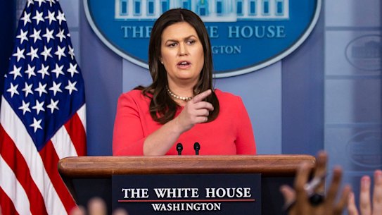 Sarah Huckabee Sanders, the White House press secretary, speaks to reporters during a briefing at the White House in Washington on Wednesday.