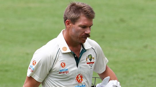David Warner trudges off after his unsuccessful review at the Gabba.