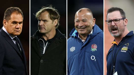 Wallabies coach contenders for 2024, l-r: Dave Rennie, Scott Robertson, Eddie Jones, Dan McKellar.