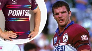 Ian Roberts during his playing days at Manly and, inset, the club’s pride jersey.