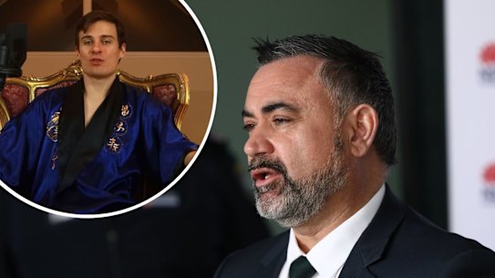 Deputy Premier John Barilaro and Jordan Shanks pictured in a video shot inside John Barilaro’s holiday home. 