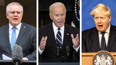 (From L-R) Scott Morrison, Joe Biden and Boris Johnson will unveil a new defence pact on Thursday morning.