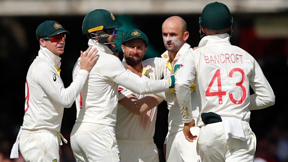 Nathan Lyon celebrates the wicket of Ben Stokes.