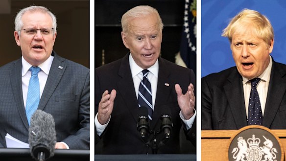 (From L-R) Scott Morrison, Joe Biden and Boris Johnson will unveil a new defence pact on Thursday morning.