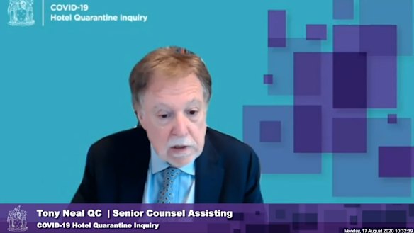 Tony Neal, QC, speaking at the Victorian hotel quarantine inquiry via video link on Monday.