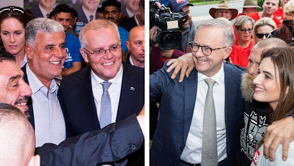 Scott Morrison and Anthony Albanese campaigning on Thursday, two days ahead of the election.