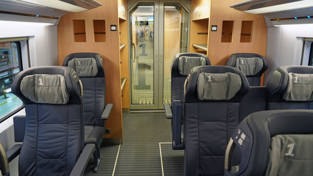 Inside the first class cabin travelling Deutsche Bahn to Switzerland.