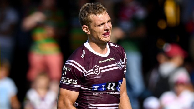 Turbo blow: Tom Trbojevic walks off with a hamstring injury on Saturday against Souths. 