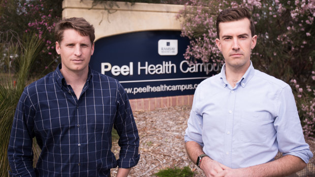 Canning MP Andrew Hastie and state Dawesville MP Zak Kirkup outside Peel Health Campus.