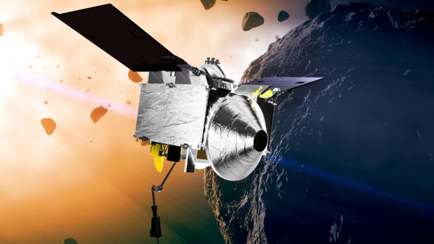 This illustration depicts the Osiris-Rex spacecraft at the asteroid Bennu. 