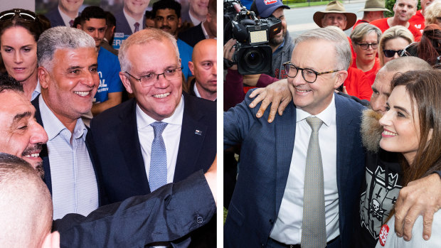 Scott Morrison and Anthony Albanese campaigning on Thursday, two days ahead of the election.