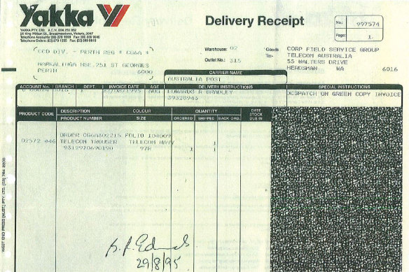 A receipt showing Bradley Edwards received his navy trousers in 1995. 