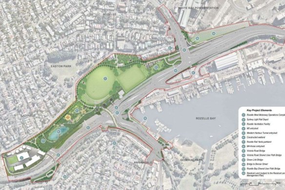 A map of key elements of the Rozelle Parkland project.
