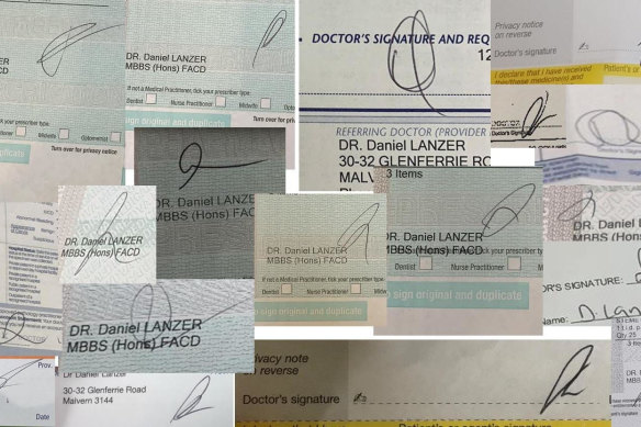 Prescriptions supposedly signed by Daniel Lanzer showing a range of different signatures.