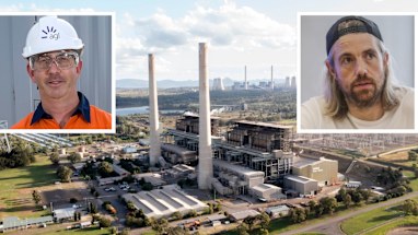 AGL CEO Damien Nicks, AGL’s now-closed Liddell power station, and shareholder Mike Cannon-Brookes.