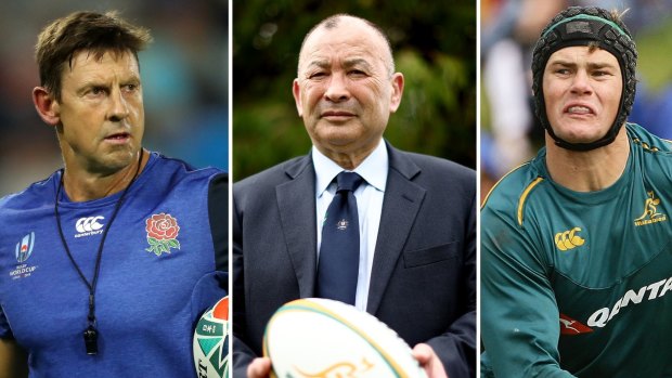 Eddie Jones, centre, will look to Scott Wisemantel and Berrick Barnes for help at the Wallabies.