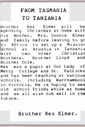 Tasmania's <i>Western Tiers</i> newspaper ran an item in 1988 about Elmer's posting to Tanzania. 
