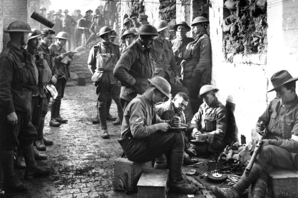 Australian troops of First Battalion (NSW) resting at Ypres in November 1917 after the Passchendaele offensive.