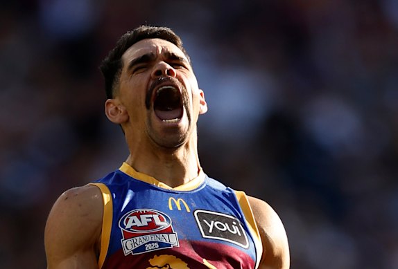 Charlie Cameron celebrates a goal during the 2025 AFL grand final win over the Geelong Cats.