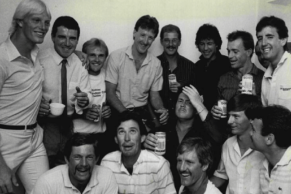 NSW's winning 1984-85 cricket squad: (from left, back row):  Phil Marks, Wayne Seabrook, Dirk Wellham, Geoff Lawson, Murray Bennett, Imran Khan, Greg Matthews, Greg Dyer, Dave Gilbert; (front row) Steve Rixon, John Dyson, Peter Clifford, Bob Holland, Steve Waugh and Steve Smith.  