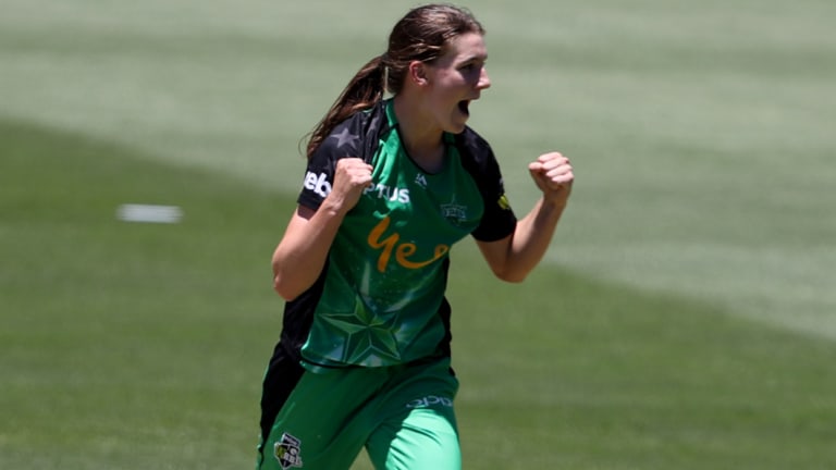 Chip off the old block: Annabel Sutherland of the Stars celebrates taking the wicket of Adelaide's Tahlia McGrath.