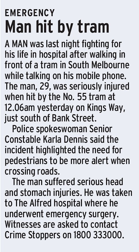 A newspaper report on Ben Turner being hit by a tram.