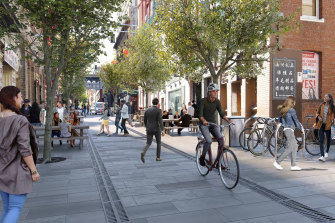 An artists render of the “gutterless” streets planned for Melbourne’s China Town and little streets to encourage pedestrians and bikes.