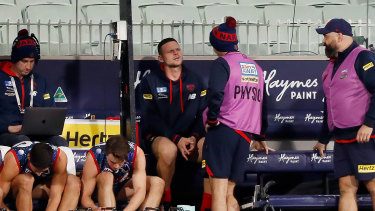 Steven May was concussed early in the loss to Fremantle, leaving a big hole in Melbourne’s defence.